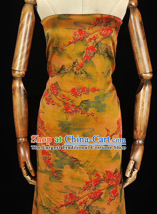 Chinese Cheongsam Cloth Fabric Gambiered Guangdong Gauze Classical Plum Pattern Orange Satin Traditional Yellow Silk Drapery