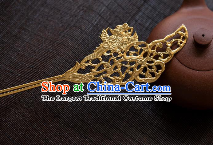 China Tang Dynasty Gilding Carving Phoenix Hairpins Ancient Princess Hair Stick Traditional Hanfu Hair Accessories