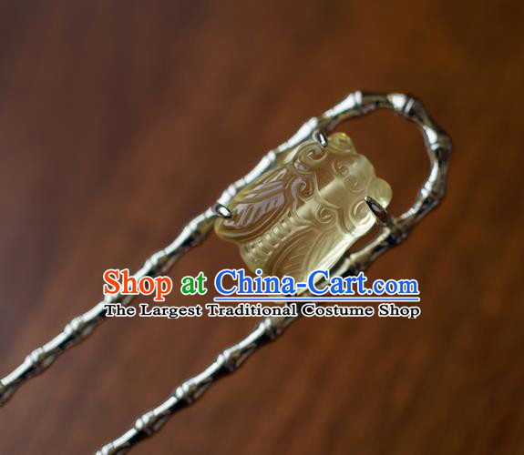 China Ming Dynasty Citrine Cicada Hairpin Traditional Ancient Court Woman Hair Accessories Hanfu Argent Bamboo Hair Stick