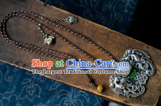Handmade China Traditional Jade Necklace Accessories National Silver Carving Jewelry Pendant