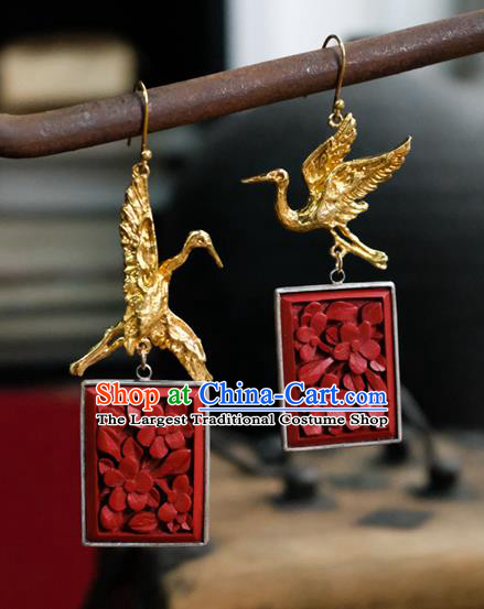 China Handmade Golden Crane Ear Accessories National Earrings Traditional Vermilion Seal Jewelry