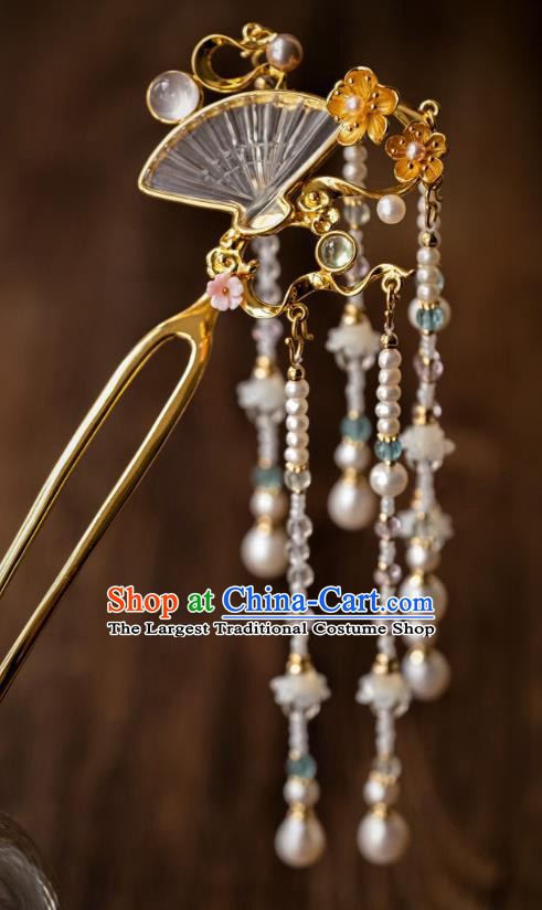 China Ancient Court Crystal Fan Hair Accessories Traditional Ming Dynasty Princess Pearls Tassel Hairpin Hanfu Step Shake