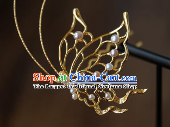 China Ming Dynasty Pearls Butterfly Hairpin Traditional Hanfu Hair Accessories Ancient Noble Lady Xue Baochai Hair Stick