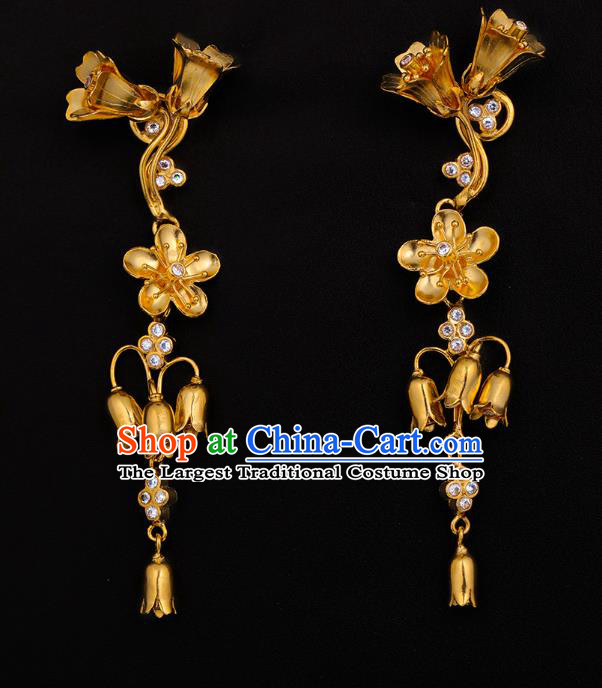 Handmade Chinese Traditional Ming Dynasty Crystal Ear Accessories Ancient Court Lady Golden Flowers Earrings Jewelry