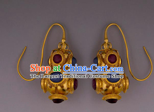 Handmade Chinese Traditional Ming Dynasty Golden Gourd Ear Accessories Ancient Court Lady Gems Earrings Jewelry