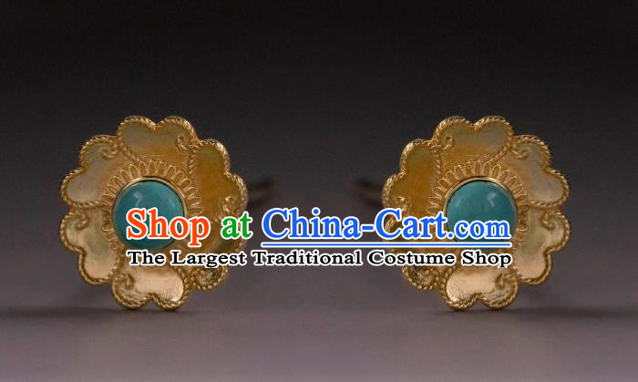 Handmade Chinese Traditional Ming Dynasty Kallaite Ear Accessories Ancient Court Lady Golden Earrings Jewelry