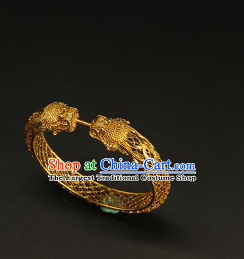 China Ancient Hollowed Dragon Golden Bracelet Handmade Ming Dynasty Jewelry Accessorie