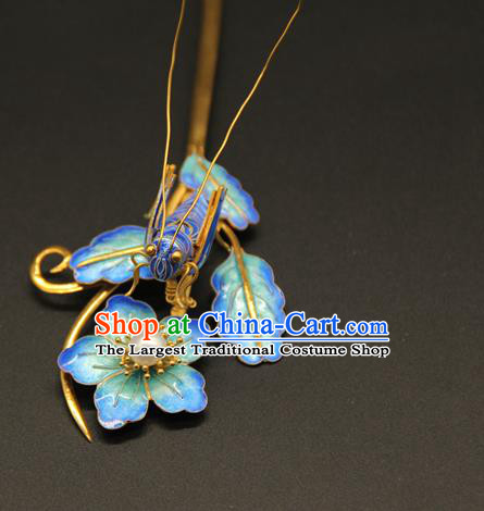 China Handmade Blueing Grasshopper Hair Clip Ancient Imperial Consort Hairpin Traditional Qing Dynasty Court Hair Accessories