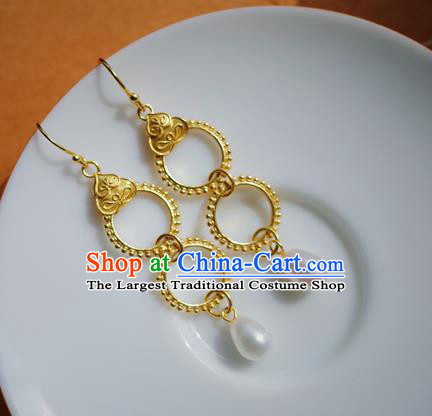 Handmade Chinese Traditional Ming Dynasty Golden Gourd Ear Jewelry Ancient Imperial Consort Earrings Accessories