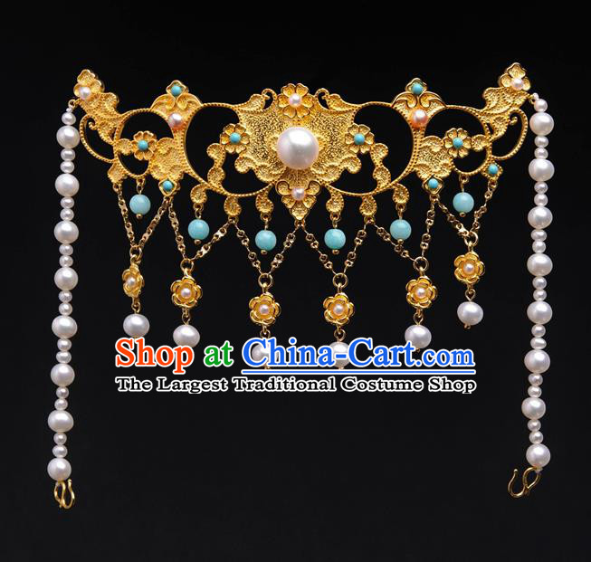 China Tang Dynasty Pearls Tassel Hair Crown Traditional Ancient Empress Hairpin Hair Accessories Headwear