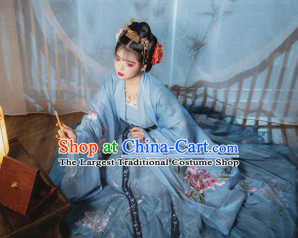 China Ancient Palace Princess Embroidered Clothing Traditional Blue Hanfu Dress Tang Dynasty Court Lady Costumes