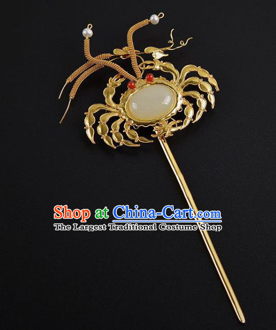 China Ancient Empress Golden Crab Hairpin Handmade Palace Hair Jewelry Traditional Ming Dynasty White Chalcedony Hair Stick