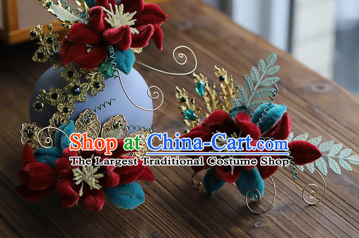 Chinese Hanfu Red Velvet Plum Hairpin Traditional Wedding Hair Accessories Ancient Bride Flowers Hair Sticks