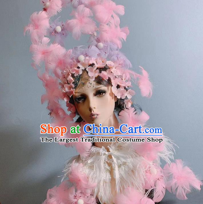 Top Baroque Wedding Bride Pink Feather Royal Crown Court Queen Deluxe Hair Accessories Handmade Stage Show Hair Ornament