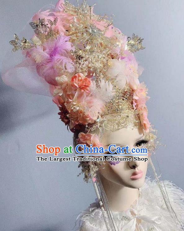 Top Court Handmade Pink Feather Flowers Royal Crown Baroque Bride Deluxe Headdress Halloween Stage Show Hair Ornament