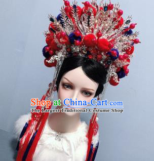 Handmade Chinese Traditional Wedding Hair Accessories Ancient Empress Headwear Hair Crown Red Tassel Phoenix Coronet