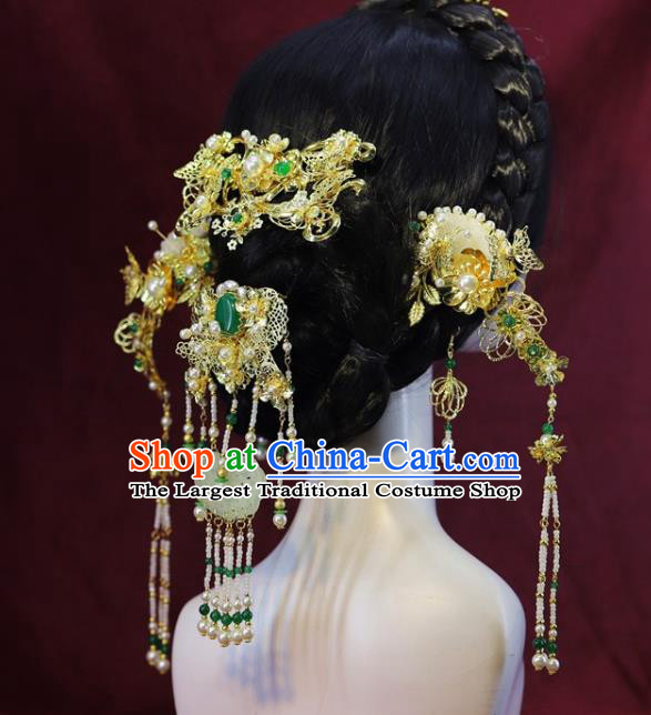 Traditional China Ancient Bride Jade Tassel Hair Comb Handmade Hairpins Wedding Hair Ornament Full Set