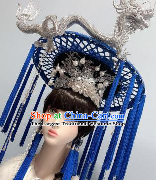 Handmade Chinese Argent Dragon Bamboo Hat Traditional Wedding Hair Accessories Stage Performance Royalblue Tassel Headwear