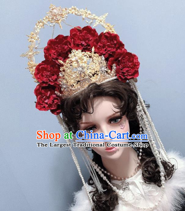 Handmade Goddess Headwear Europe Princess Red Roses Royal Crown Wedding Hair Accessories