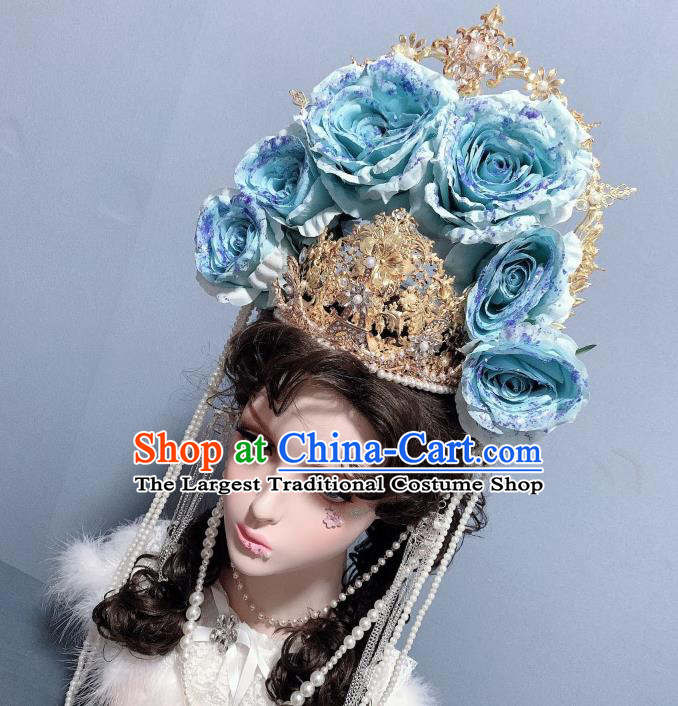 Handmade Wedding Hair Accessories Cosplay Goddess Headwear Europe Princess Blue Roses Royal Crown