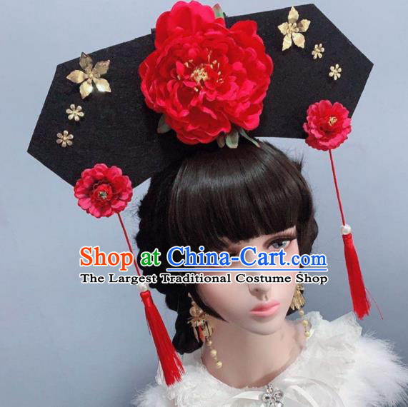 China Qing Dynasty Princess Headwear Ancient Palace Lady Red Peony Hat Traditional Drama Hair Accessories