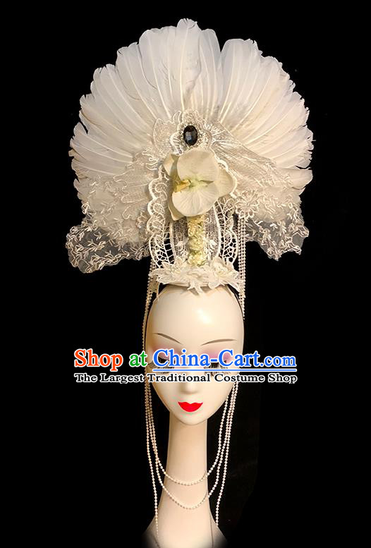 Handmade Stage Show Lace Headdress Halloween Cosplay Hair Accessories Queen White Feather Tassel Royal Crown