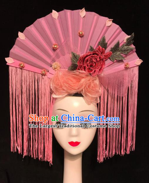 Handmade Chinese Ancient Bride Pink Fan Tassel Phoenix Coronet Traditional Wedding Hair Accessories Stage Performance Silk Flowers Hat