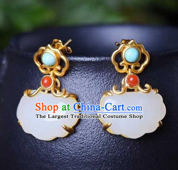 Handmade Chinese Ancient Empress Earrings Jewelry Traditional Qing Dynasty Court Jade Ear Accessories