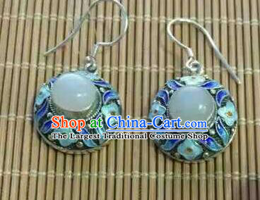 Handmade Chinese Qing Dynasty Cloisonne Earrings Jewelry Traditional Classical Cheongsam White Jade Ear Accessories