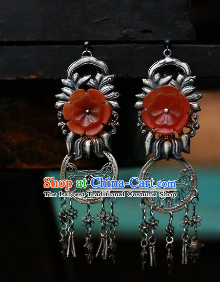China National Silver Carving Jewelry Handmade Ear Accessories Traditional Cheongsam Red Flower Earrings