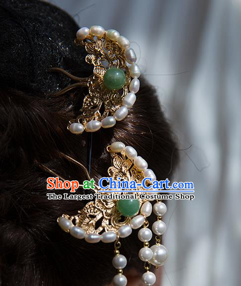 China Ming Dynasty Pearls Hair Clip Traditional Hanfu Hair Accessories Ancient Court Lady Brass Hairpin