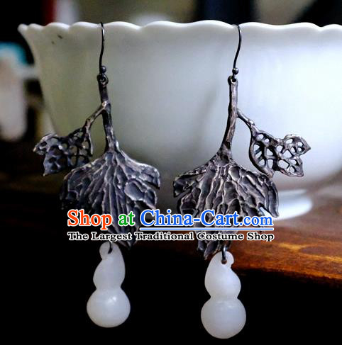 China Traditional White Jade Gourd Jewelry Ornaments National Cheongsam Earrings Handmade Silver Ear Accessories