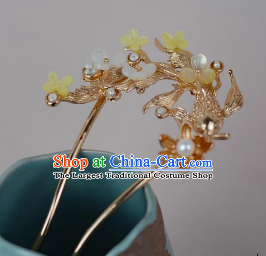 China Ming Dynasty Golden Fish Lotus Hairpin Classical Cheongsam Hair Stick Traditional Hair Accessories