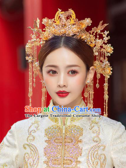 China Traditional Wedding Hair Accessories Handmade Xiuhe Suit Golden Phoenix Coronet Bride Tassel Hair Crown