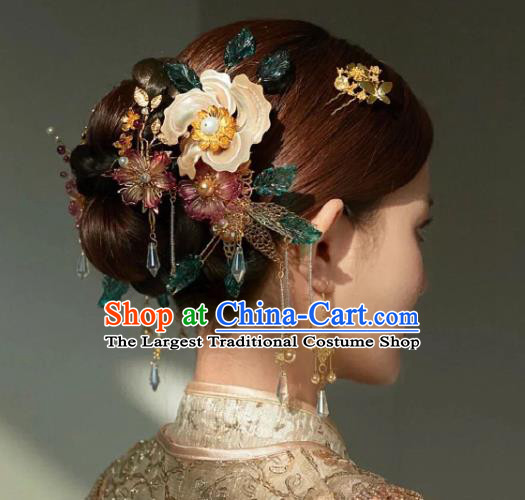 China Handmade Xiuhe Suit Hair Accessories Wedding Bride Hair Jewelry Traditional Flower Hairpins Hair Sticks Full Set