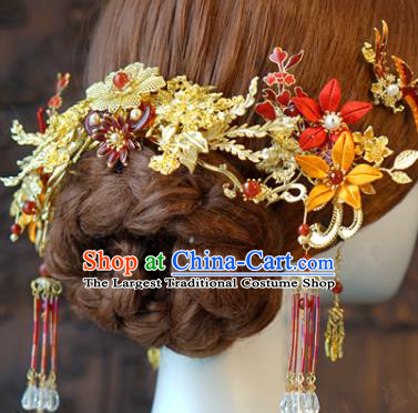 China Bride Golden Hair Comb and Tassel Hairpins Earrings Traditional Wedding Hair Accessories