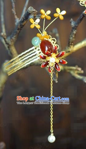 China Bride Agate Hairpin Hair Accessories Traditional Wedding Xiuhe Suit Golden Tassel Hair Comb