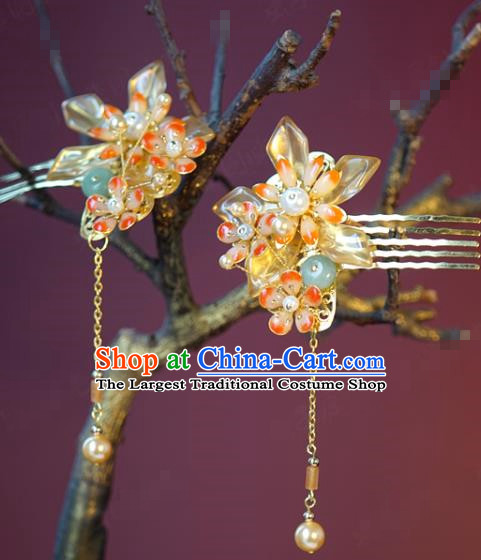 China Traditional Pearls Tassel Hair Combs Wedding Xiuhe Suit Hair Accessories Bride Plum Blossom Hairpins