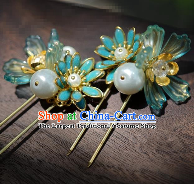 China Traditional Blue Flower Hair Sticks Wedding Xiuhe Suit Hair Accessories Bride Hairpins