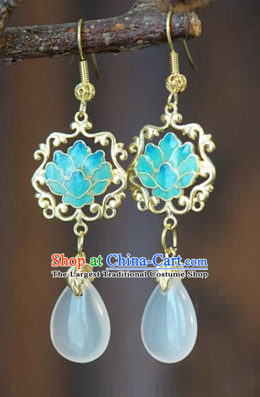 Top Grade Traditional White Chalcedony Ear Accessories China Ancient Ming Dynasty Court Empress Blueing Lotus Earrings Jewelry