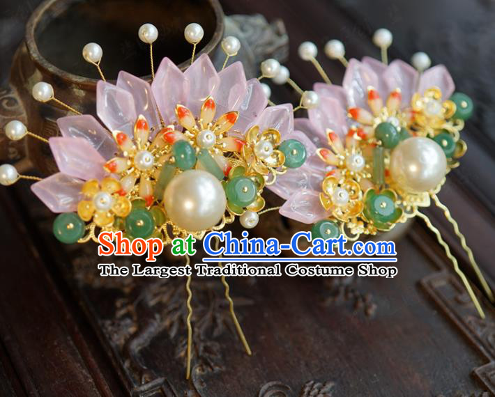 China Ancient Bride Flowers Hair Stick Traditional Xiuhe Suit Hair Accessories Wedding Jade Beads Hairpin