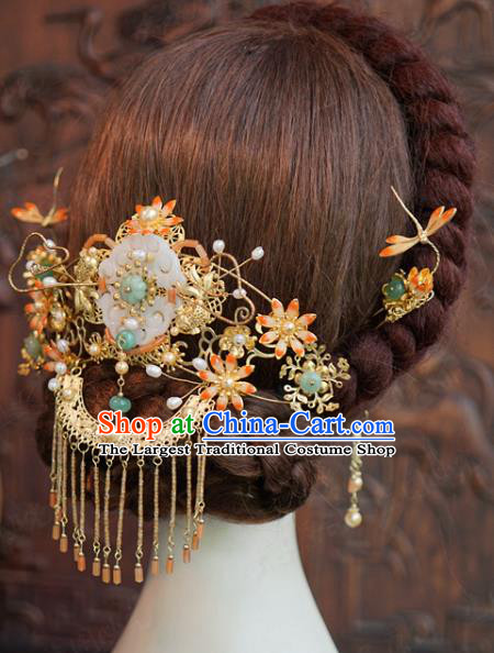 China Traditional Wedding Jade Hair Crown and Hairpins Ancient Bride Hair Accessories and Earrings Full Set