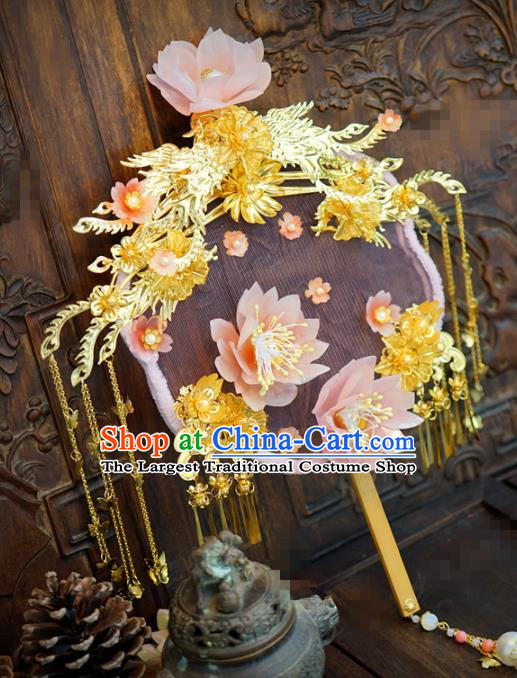 Chinese Ancient Bride Round Fan Traditional Handmade Wedding Pink Lotus Palace Fans