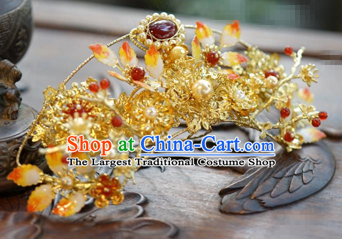 China Wedding Bride Pearls Hair Crown Traditional Xiuhe Suit Hair Accessories Ancient Golden Hair Stick