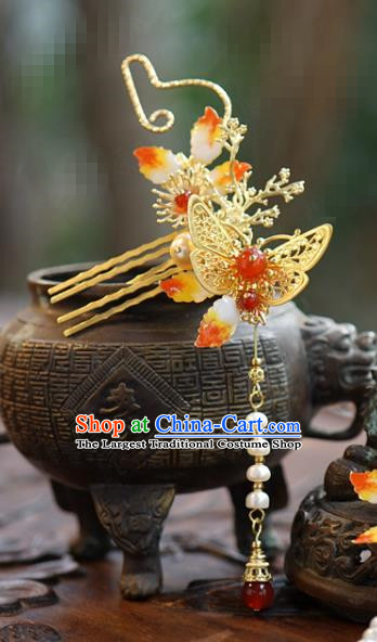 China Wedding Tassel Hairpin Traditional Xiuhe Suit Hair Accessories Ancient Bride Golden Butterfly Hair Comb