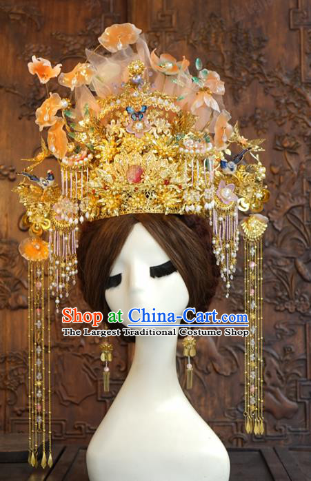 China Traditional Deluxe Phoenix Coronet Ancient Wedding Bride Hair Accessories Golden Tassel Hair Crown Full Set