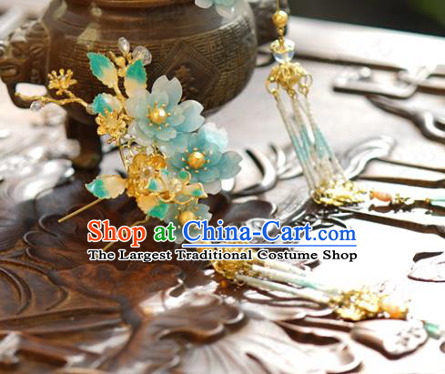China Wedding Tassel Hairpin Traditional Xiuhe Suit Hair Accessories Ancient Bride Blue Flowers Hair Stick