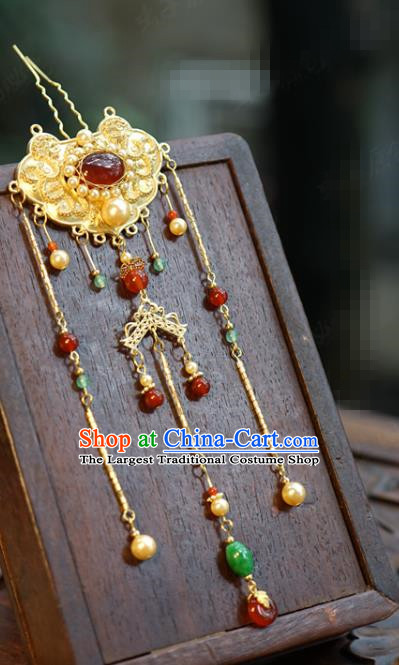 China Wedding Jade Tassel Golden Hair Stick Traditional Xiuhe Suit Hair Accessories Ancient Qing Dynasty Palace Hairpin
