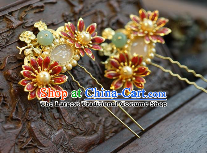 China Ancient Princess Pearls Chalcedony Hair Sticks Traditional Xiuhe Suit Hair Accessories Wedding Bride Red Lotus Hairpins