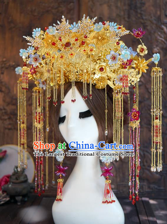 China Traditional Wedding Deluxe Phoenix Coronet Ancient Bride Golden Hair Crown and Hairpins Earrings Hair Accessories Full Set